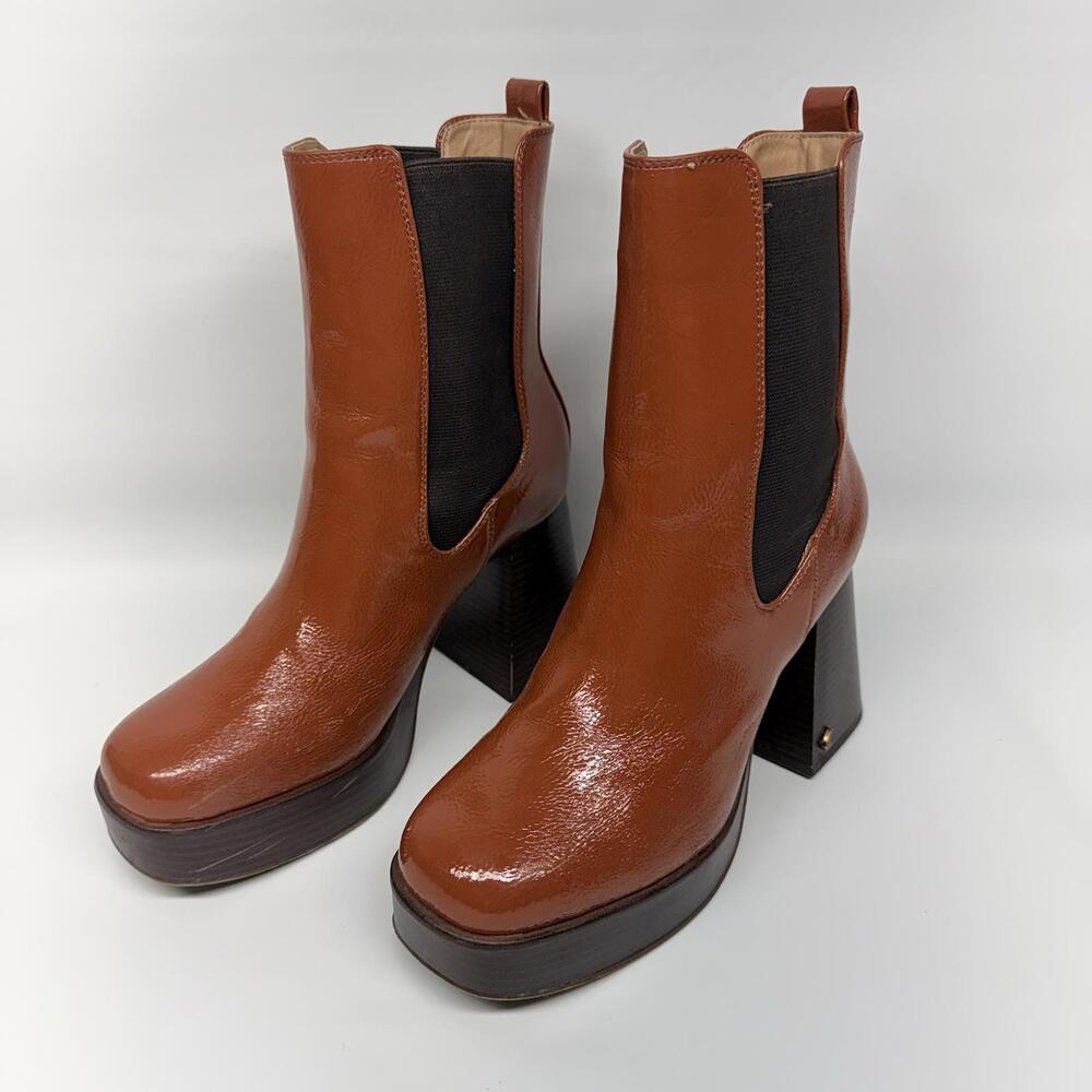 70s Retro Mod Platform Chelsea Boots Burnt Toffee Patent Circus NY Sam Edelman 8